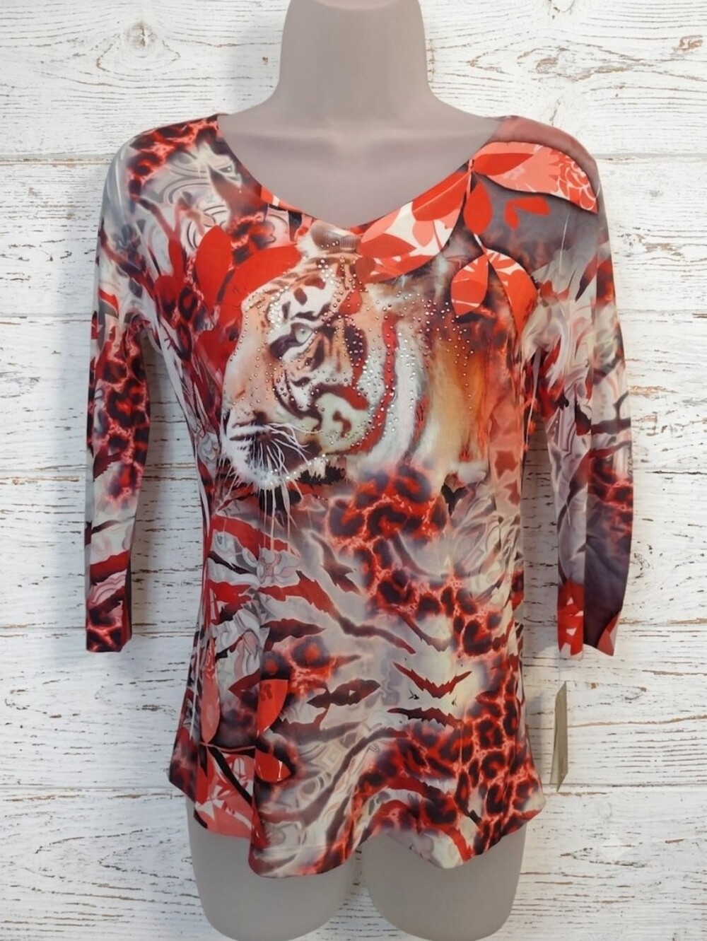 JM Collection Petite Tiger Floral Rhinestone Top Size PP V-Neck 3/4 Sleeve
